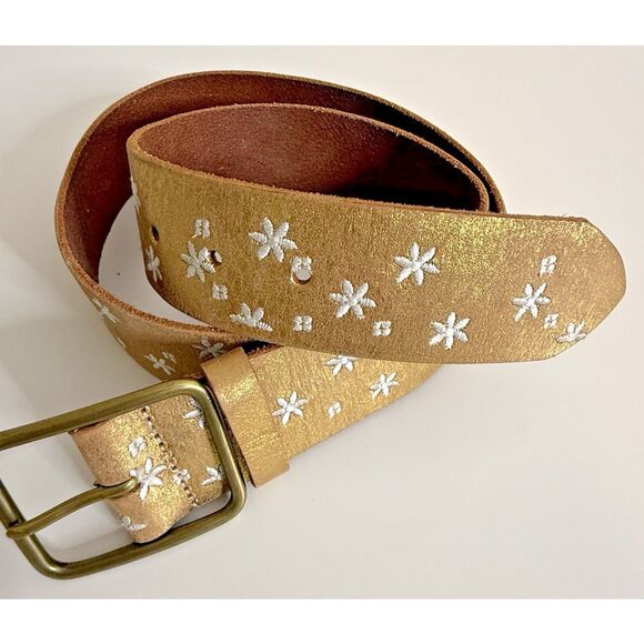 Linea Pelle Womens 2" Wide Leather Belt Gold Floral Embroidered Size L Large - Picture 1 of 14